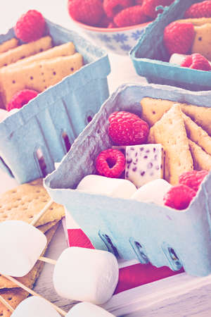 Smores with white chocolate and fresh raspberries.の写真素材