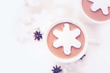 Homemade hot chocolate garnished with snowflake shaped white marshmallows.の写真素材