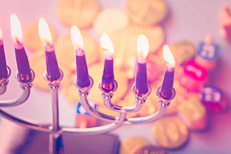 A still life composed of elements of the Jewish Chanukah/Hanukkah festival.の写真素材