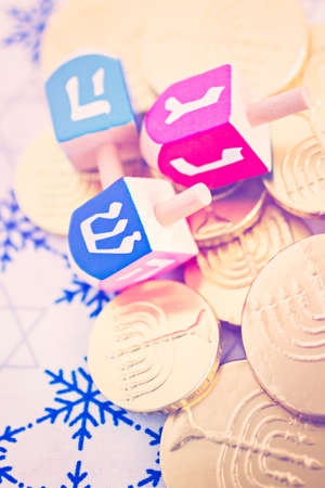 A still life composed of elements of the Jewish Chanukah/Hanukkah festival.の写真素材