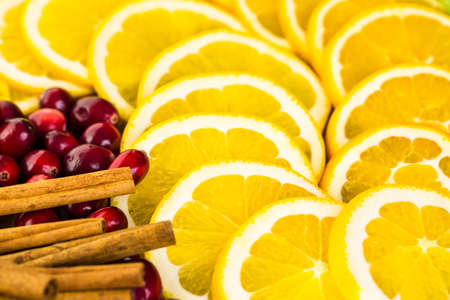 Sliced fresh organic food ready for preparing winter sangria.の写真素材