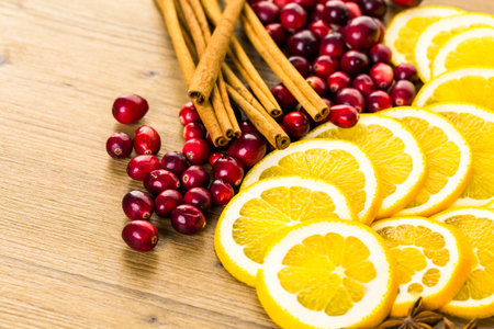 Sliced fresh organic food ready for preparing winter sangria.の写真素材