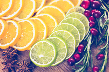 Sliced fresh organic food ready for preparing winter sangria.