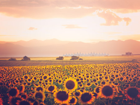 Sunflower field with Denver International Airport in the background.