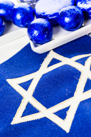 Stitched Star of David on blue banner flag.の写真素材