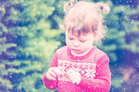 Cute toddler girl looking for Christmas tree.の写真素材