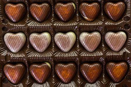 Square box with heart shaped chocolates for Valentines Day.