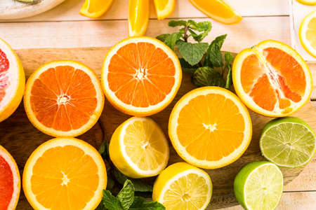 Variety of citrus fruit including lemons, lines, grapefruits and oranges.の写真素材