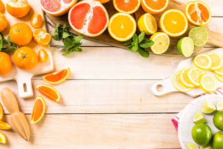 Variety of citrus fruit including lemons, lines, grapefruits and oranges.の写真素材