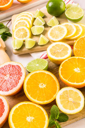 Variety of citrus fruit including lemons, lines, grapefruits and oranges.の写真素材