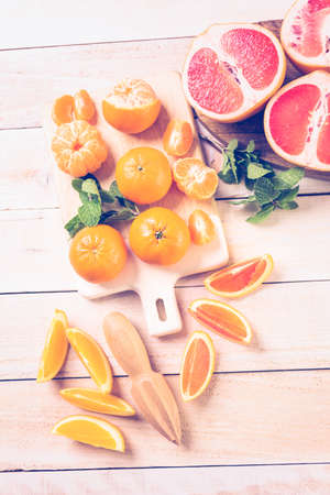 Variety of citrus fruit including lemons, lines, grapefruits and oranges.の写真素材