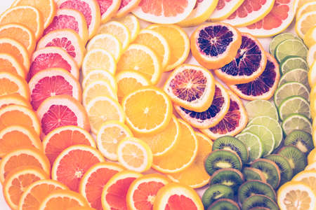 Variety of citrus fruit including lemons, lines, grapefruits and oranges.の写真素材