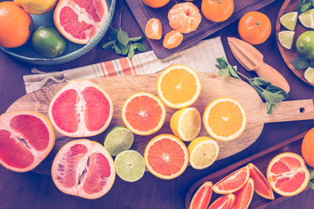 Variety of citrus fruit including lemons, lines, grapefruits and oranges.の写真素材