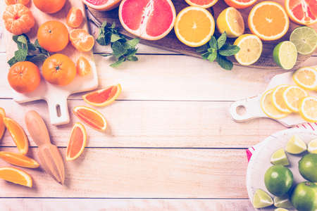 Variety of citrus fruit including lemons, lines, grapefruits and oranges.の写真素材