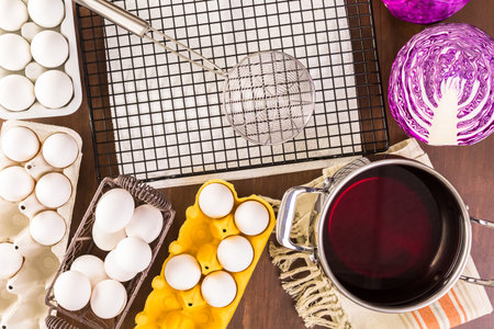 Dyeing Easter eggs with natural dye colors.の写真素材