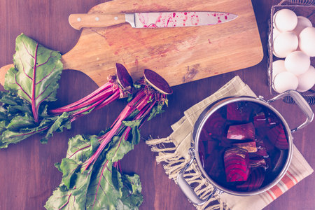 Dyeing Easter eggs with natural dye colors.の写真素材