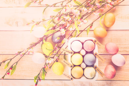Easter eggs painted with natural egg dye from fruits and vegetables.