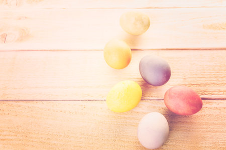 Easter eggs painted with natural egg dye from fruits and vegetables.の写真素材