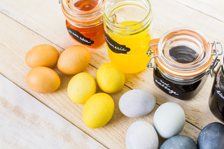 Easter eggs painted with natural egg dye from fruits and vegetables.