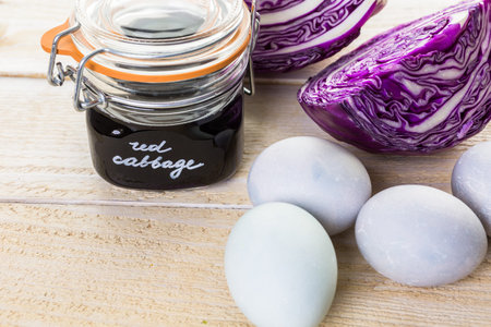 Easter eggs painted with natural egg dye from fruits and vegetables.の写真素材