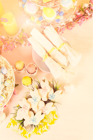 Dessert table decorated for Easter brunch.
