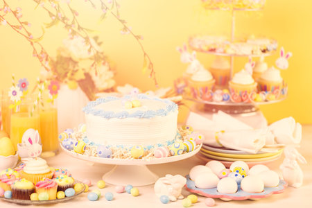Dessert table set with cake and cupcakes for Easter brunch.