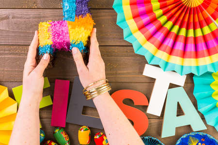 Traditional colorful table decorations for celebrating Fiesta.の写真素材