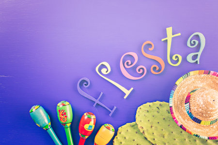 Traditional colorful table decorations for celebrating Fiesta.の写真素材