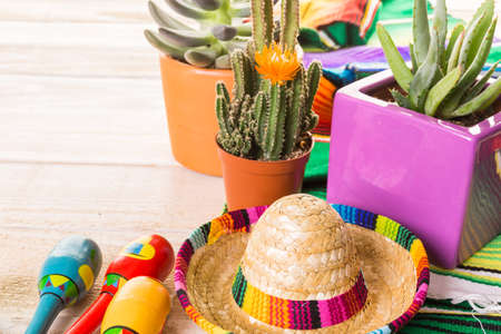 Traditional colorful table decorations for celebrating Fiesta.の写真素材
