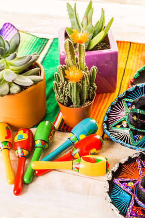 Traditional colorful table decorations for celebrating Fiesta.の写真素材