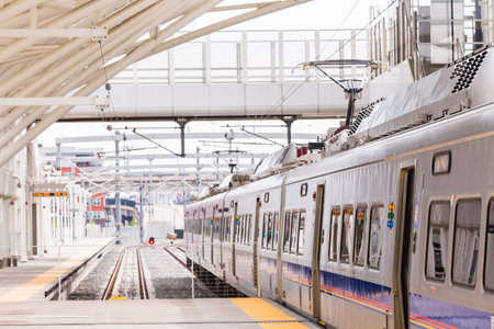Denver, Colorado, USA-May 15, 2016. Light rail train to Denver International Airport at the Union...