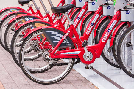 Denver, Colorado, USA-May 15, 2016. Red rental bikes parked at the Denver Union Staiton.のeditorial素材