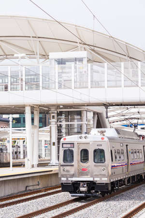 Denver, Colorado, USA-May 15, 2016. Light rail train to Denver International Airport at the Union Staion.のeditorial素材