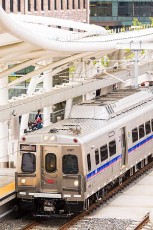 Denver, Colorado, USA-May 15, 2016. Light rail train to Denver International Airport at the Union Staion.のeditorial素材