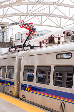 Denver, Colorado, USA-May 15, 2016. Light rail train to Denver International Airport at the Union Staion.のeditorial素材