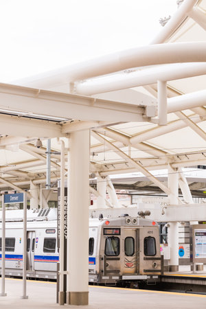 Denver, Colorado, USA-May 15, 2016. Light rail train to Denver International Airport at the Union...