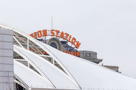 Light rail train to Denver International Airport at the Union Staion.のeditorial素材