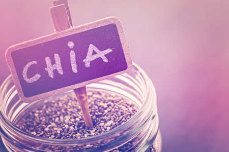 Healthy Chia seeds with chia chalk sign close-up.の写真素材