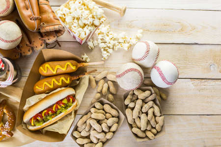 Baseball party food with balls  on a wood table.の写真素材
