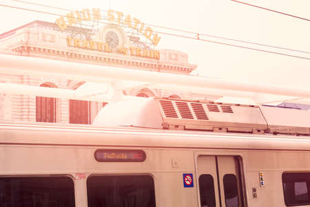 Denver, Colorado, USA-May 15, 2016. Light rail train to Denver International Airport at the Union Staion.のeditorial素材