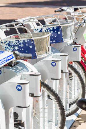 Denver, Colorado, USA-June 2, 2016. Red rental bikes near Union Station in Denver, Colorado.