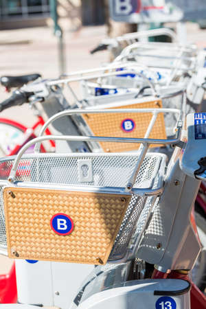 Denver, Colorado, USA-June 2, 2016. Red rental bikes near Union Station in Denver, Colorado.のeditorial素材