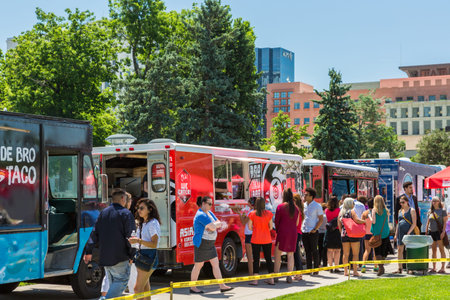 Denver, Colorado, USA-June 9, 2016. Food trucks at the Civic Center for Civic Center Eats event.のeditorial素材