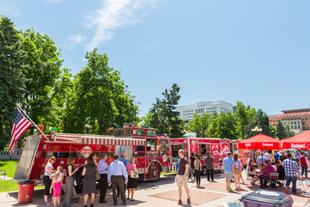 Denver, Colorado, USA-June 9, 2016. Food trucks at the Civic Center for Civic Center Eats event.