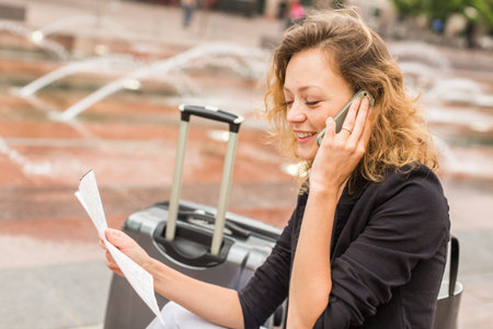 Young woman arrived to Union Station in Denver, Colorado.の写真素材