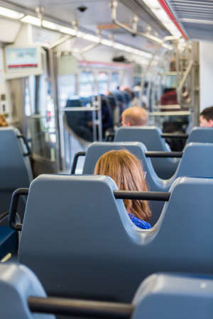 Denver, Colorado, USA-June 22, 2016.  Interior of the lightrail train travelling to the International Airport.のeditorial素材