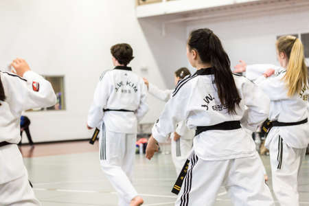 Denver, Colorado, USA-February 21, 2016. Tae Kwon Do testing for verious degree of black belts.のeditorial素材
