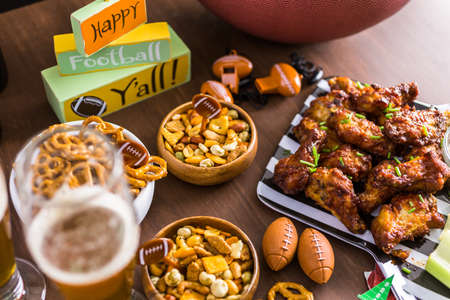 Appetizers on the table for the football party.の写真素材