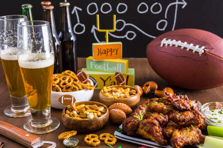 Appetizers on the table for the football party.の写真素材