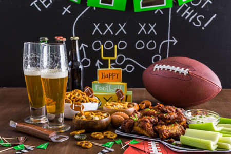 Appetizers on the table for the football party.の写真素材